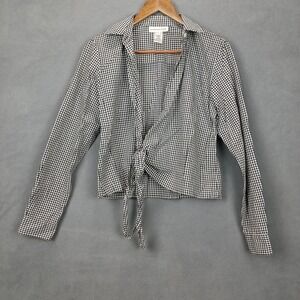 Evan-Picone Cropped Top Womens 6 Black White Gingham Cotton V Neck Tie‎ Front